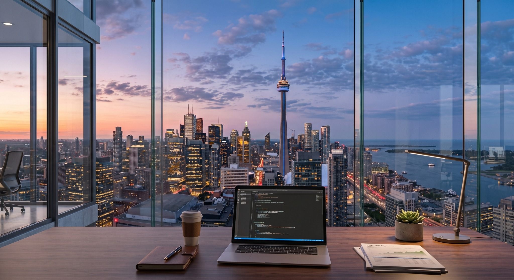 Toronto skyline viewed from a modern office