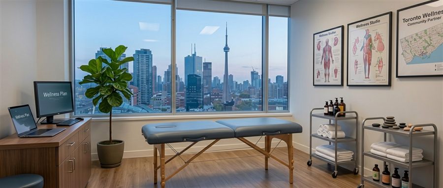 Healthcare and wellness treatment room with Toronto skyline view