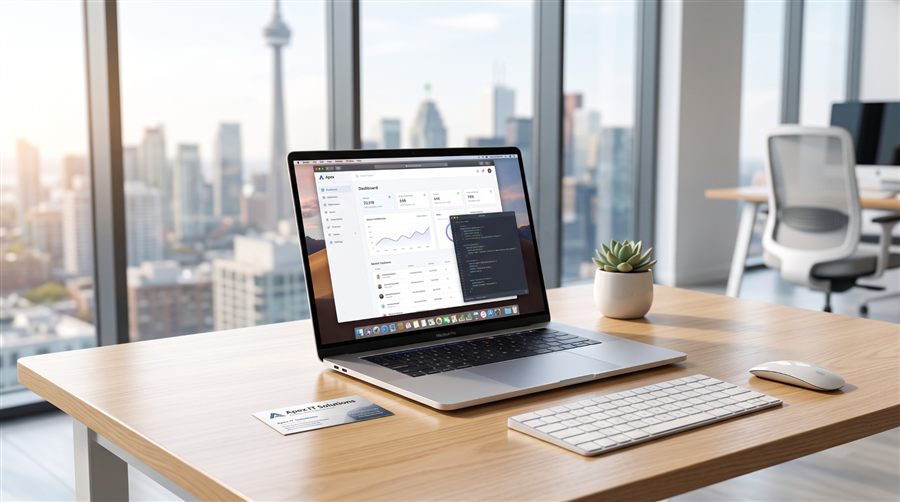 Technology workspace with laptop and financial dashboard